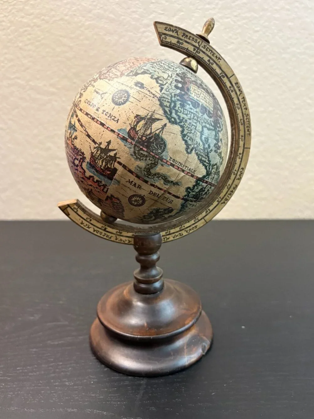 Vintage Mini World Globe Italy Wood Stand Old World Map Library Office Decor